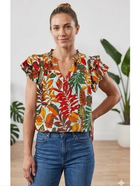Rose + Olive Tropical Patterned Flutter Sleeve and Neck Top